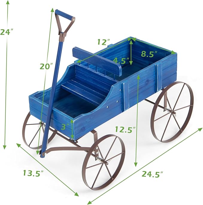 DORTALA Wood Wagon Planter, Outdoor Garden Flower Planter Cart with Wheels, Small Decorative Wood Raised Bed Plant Pot Box Stand for Backyard, Patio, Balcony, Blue