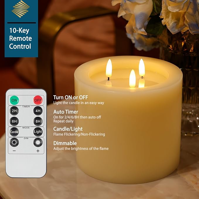 Extra Large Flameless Candles, 6"x6" Battery Operated Candles with Remote, Real Wax 3 Wick Led Candles with 3D Flickering Flame, Fake Candle for Home Decor (Ivory)