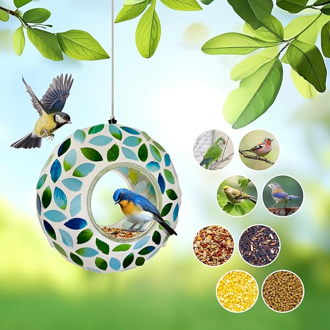 Hanging Bird Feeders for Outdoor Glass Mosaic Fly Through Wild Bird Feeder Round Shape Birdfeeder for Outside Garden Yard Patio Decoration Green