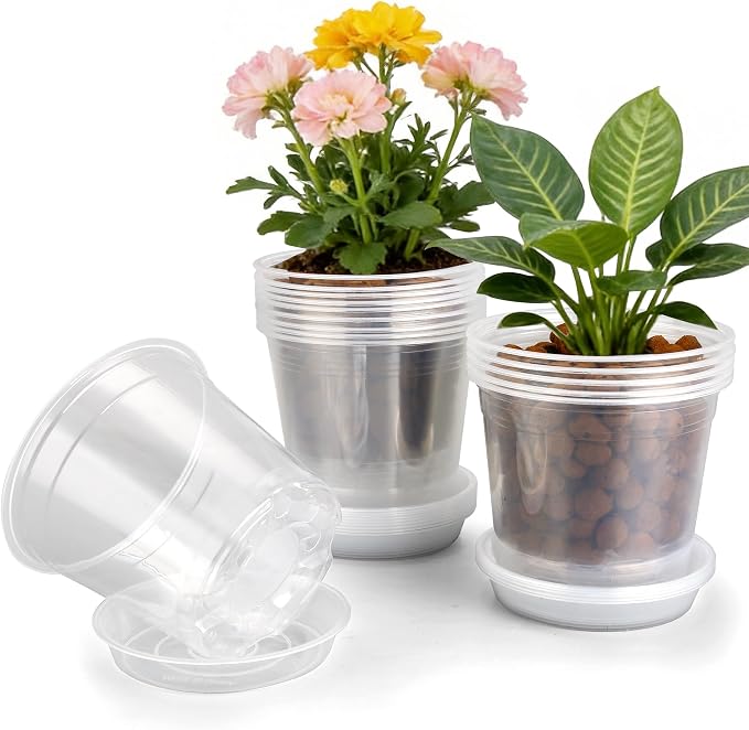 6 Inch Clear Nursery Pots with Drainage and Saucers, 15 Pack Large Clear Plastic Nursery Pots for Plants, Seedling Plant Pots for Repotting and Growing Plants, Flowers & Vegetables (6 inch)