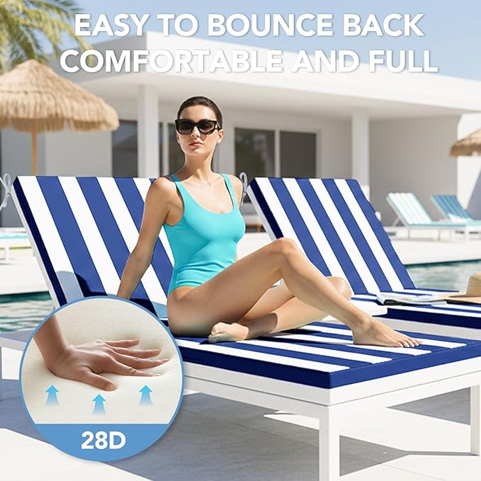 L'AGRATY Outdoor Lounge Chaise Cushion: 72x21x3 Inch Waterproof Lounge Chair Cushion for Outdoor Furniture with Fade Resistant Removable Cover - Patio Cushions for Pool Lawn(Navyblue White 1Pack)