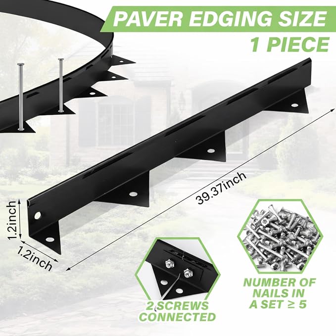 Pushglossy 39.37 inch Metal Paver Edging with Spikes for Paver Projects 39.37" L x 1.2" H Black Bendable Metal Strips Yard Landscape Lawn Edging Border Pathway Divider for Lawn, Garden, Yard