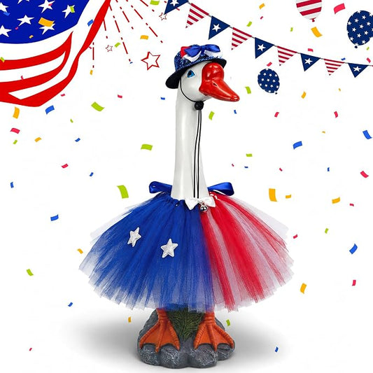 Porch Goose Statue with 4th of July Outfits - 19.5" Garden Resin Goose Decorative Figurine Cute Sculpture Indoor Outdoor Independence Day Decoration for Patio Lawn Yard Balcony Decor