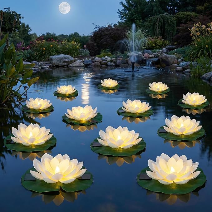 12 PCS Solar Floating Lotus Pool Lights - 7.09'' Waterproof Floating Flower with Light, Solar Water Activated Pool Lotus Lamp for Garden Pond Wedding Party Decoration (White)