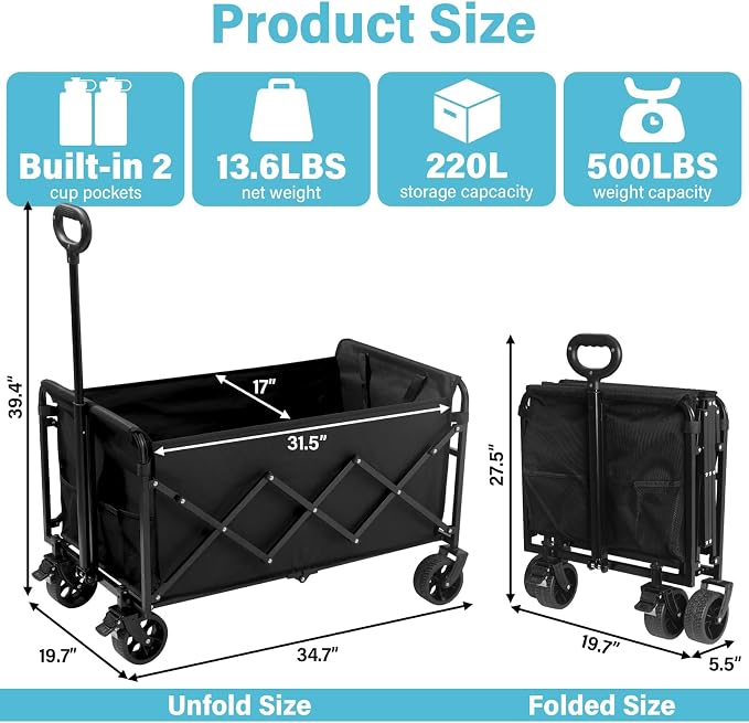 Collapsible Wagon Cart with All-Terrain Wheels - Folding Utility 500LBS Heavy Duty Wagons Carts for Grocery Sports Garden Shopping Camping Fishing (Black, 220L)