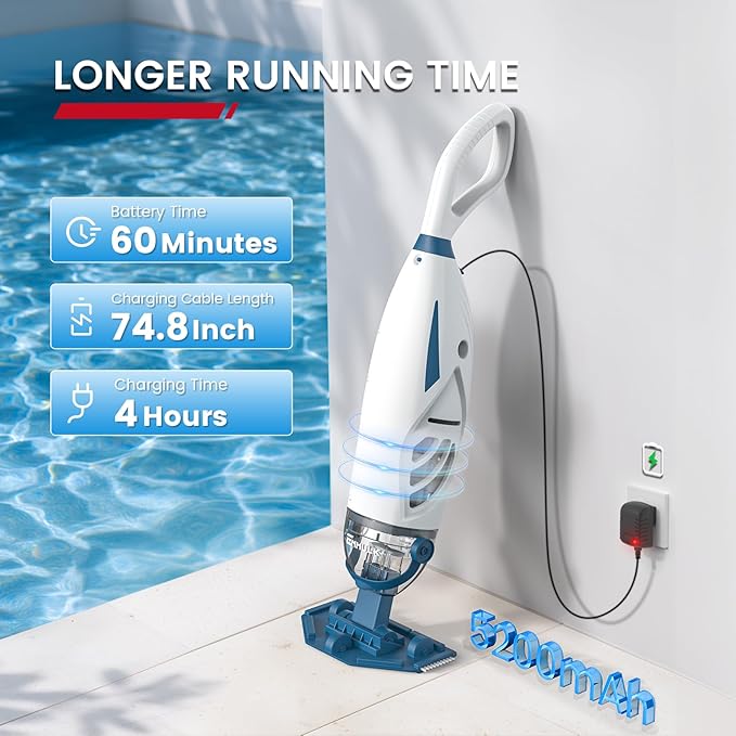 ENHULK Pool Vacuum for Above Ground Pool with 6' Extension Pole, Upgraded 26.5 GPM Powerful Suction, 1H Runtime, 2 Filters, Cordless Handheld Rechargeable Pool Cleaner for Above/Inground Pools, PC68