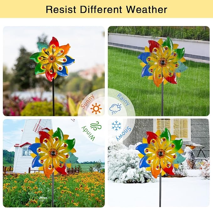 Stargarden Wind Spinner, Colorful Metal Wind Sculptures & Spinners, Double Pinwheels 63 * 13" Windmills for Yard and Garden