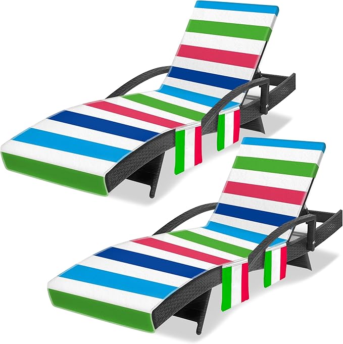 2-Pack Lounger Towel Cover with 3 Pockets, Chaise Durable Horizontal Striped Cover for Pool, Beach, Garden & Outdoor Use, 85x30 Inch, Blue Green Red Design