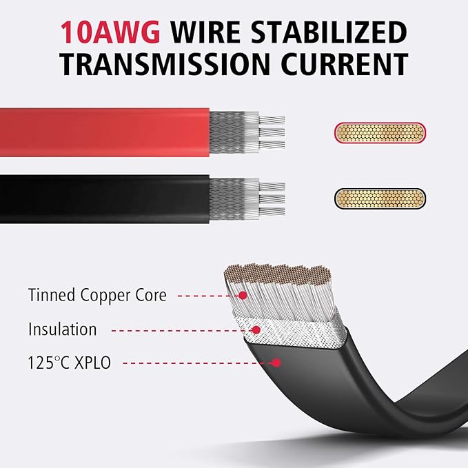 10AWG Super Flat Solar Cable Connector, 50A Photovoltaic Extension Cable Flat Feed Through Balcony Door and Window Solar Power Wire for Solar Panel RV Boats Household Energy System 1.3FT