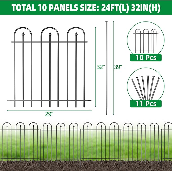 Garden Fence Animal Barrier - 10 Panels, 32 in(H) x 24 ft(L) No Dig Garden Fence, Arched Decorative Garden Fence Border with Ground Stakes, Rustproof Metal Fencing for Yard Patio Dog Rabbit