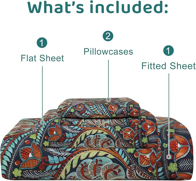 QSH Boho Bed Sheets Queen Size - Bohemian Western Bedding 100% Egyptian Cotton Pattern Sheets Queen Size Bed 4pcs Deep Pockets Bed Sheets