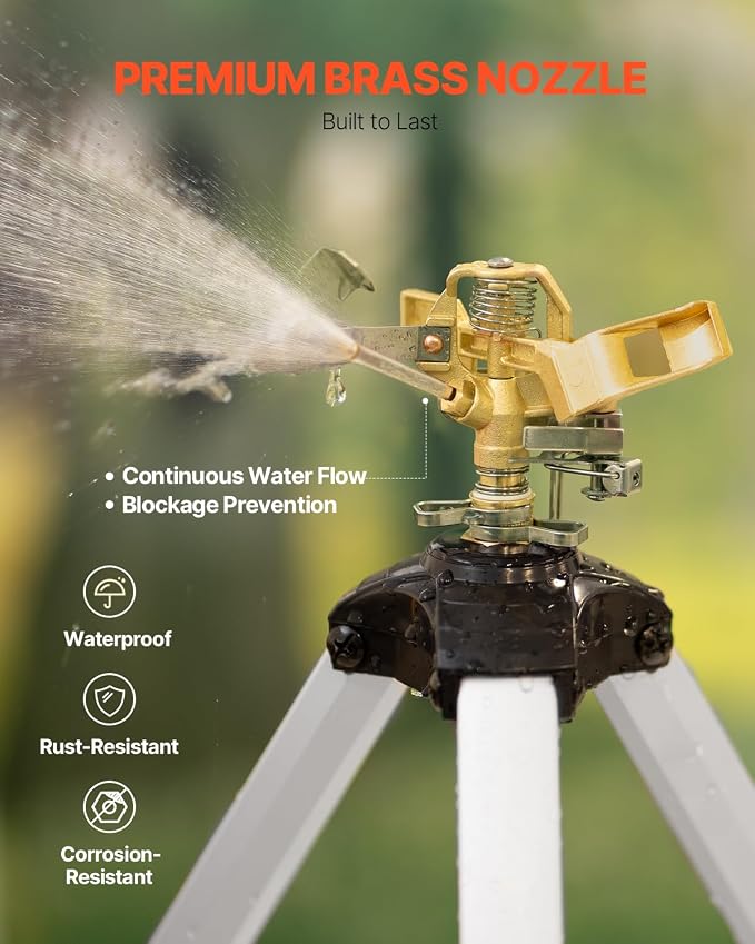 VEVOR Impact Sprinkler on Tripod Base, Heavy Duty Tripod Sprinklers with Brass Head & 3/4" Connector, 360 Degree Large Area Coverage Irrigation Sprinkler, Adjustable Heights, for Yard Gray