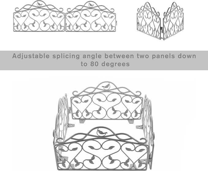 Evelyne Decorative Garden Border Plastic Edging – PP Plastic, Short Metal-Free Faux Wrought Iron Leaf & Bird Design, 8pcs Yard Landscaping Fence Liner Lawn Edge Barrier, 10ft Kit of Decorative Panels