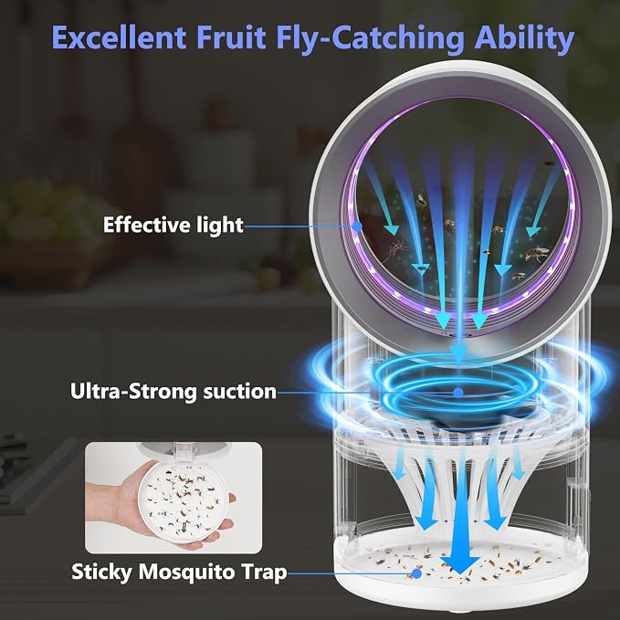 Fruit Fly Trap for Indoors, Indoor Fly Trap with Suction, Indoor Bug Zapper, Gnat Traps for House with Timer and Bug Light, 10 Pcs Sticky Glue Boards (White)