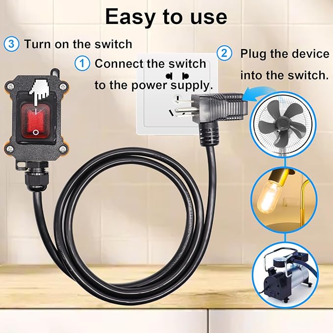 TWTADE IP67 Waterproof Inline Cord Switch with 4ft 18AWG Cable Piggyback Plug(3-Pronged), Extension Cord with Switch On/Off, Outdoor Power Switch with Red Light Rocker Button 20A/125V 16A/250V AC