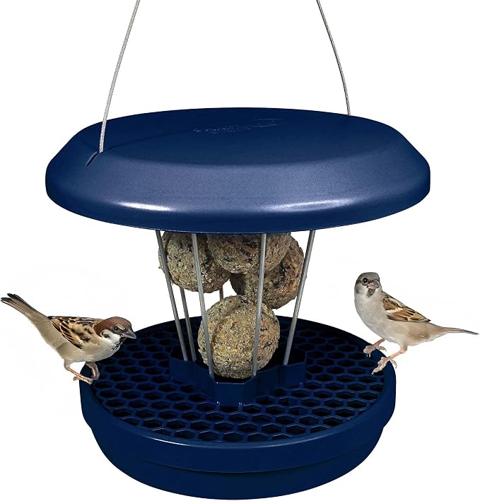 SWISSINNO Bird Feeders - No Mess Fat Ball/Suet Feeder for Outdoors Hanging - Smart Birds Lucerne Spill Proof Wild Cardinal Bird Feeder with Integrated Seed Catcher Tray - Indigo