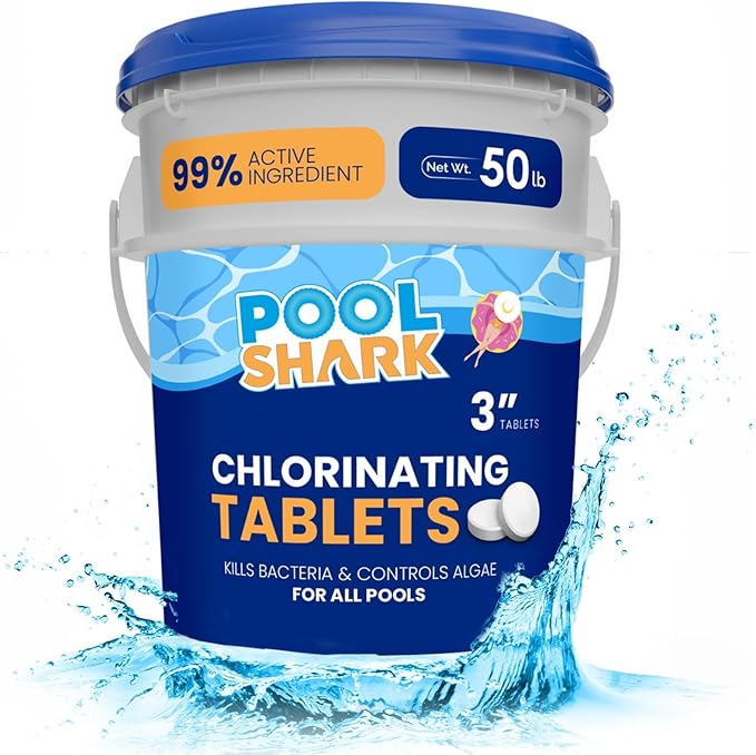 Pool Shark Swimming Pool Chlorine Tablets | 3-Inch Chlorine Tablets | 50 lbs| Slow-Dissolving 90% Active Chlorine Tabs | Pool Chemicals for Inground Pools, Above Ground Pools, Saltwater, Spa, Hot Tub