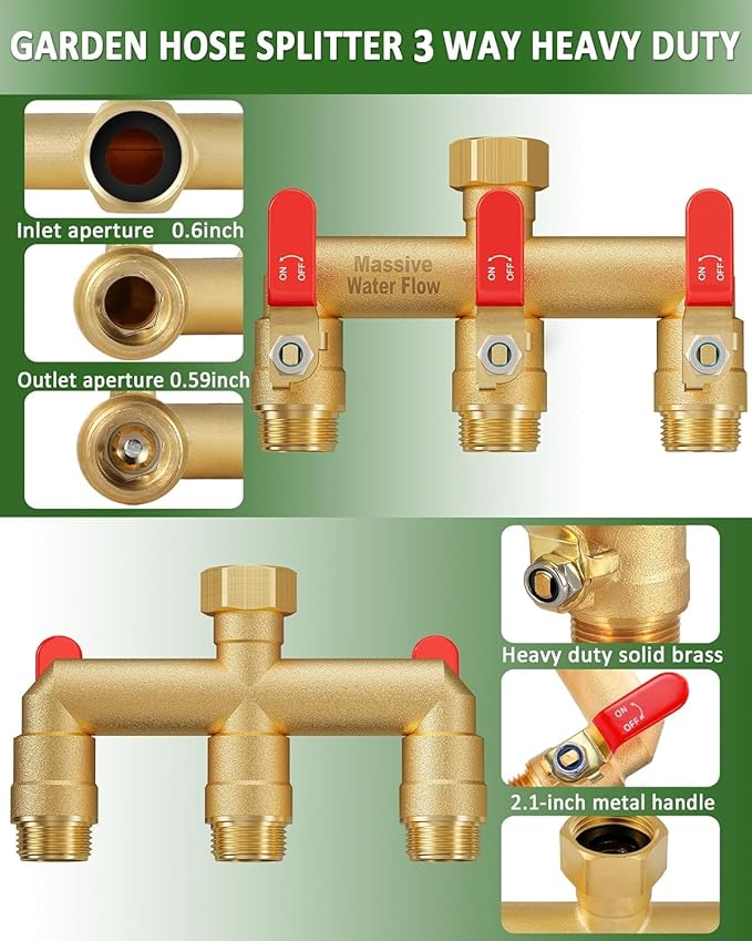 3 Way Hose Splitter, Heavy Duty Full Flow Garden Water Hose Bib Spigot Splitter, Brass Rust and Freeze Resistant Outdoor Faucet Splitter, T Adapter Connector with 3/4 - Inch GHT Thread （Red）