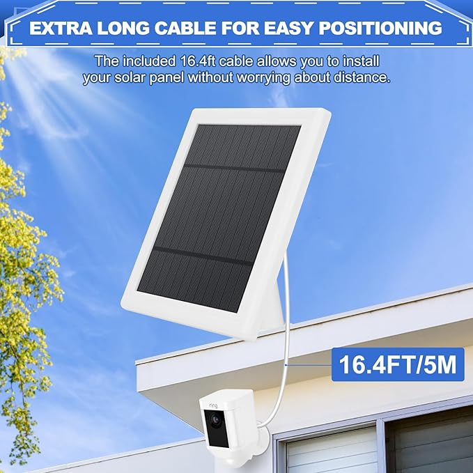 2 Pack Solar Panel for Ring Camera, 2 Pack 3 Port Compatible with Ring Spotlight Plus/Pro/Cam Battery & Stick Up Outdoor Cam Battery 5W Solar Charger IP65 Waterproof &16.4ft Long Cable