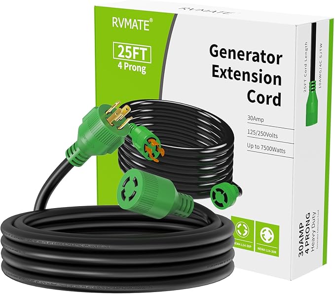 RVMATE 30 Amp Generator Cord 4 Prong 25 Feet, NEMA L14-30P/L14-30R, 125/250V Up to 7500W 10 Gauge SJTW Generator Extension Cord, ETL Listed