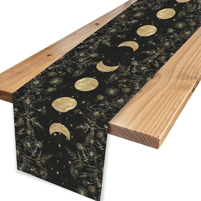 Floral Moon Table Runner, Boho Gothic Spring Flower Gold Moon Phase Seasonal Garden Mystical Rustic Coffee Table Center Decor for Family Kitchen and Living Outdoor Farmhouse Table Decorations, 13"x36"