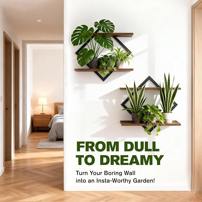 2 Pack Floating Wall Shelves Plant Holders, Brown | For Indoor Plants, Wall Mounted Plant Stand, For Small Plants, Multi-Room Use