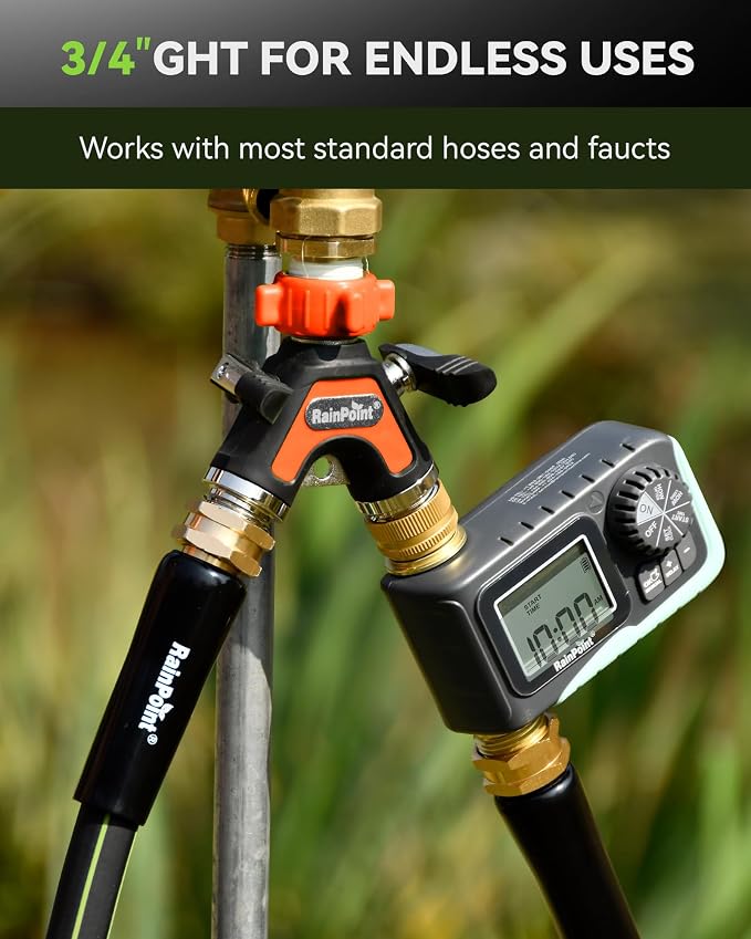 RAINPOINT Garden Hose Splitter 2 Way, All Metal Heavy Duty Water Hose Y Splitter With 2.05" Extra Long Side Handle & Shut Off Valves, 3/4 Inch GHT Thread Connector For Outdoor Spigot Faucet (Orange)