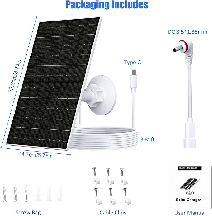 Solar Panel for Ring Camera, Compatible with Ring Stick Up Cam (2nd/3rd Gen) & Pro, Spotlight Cam Plus/Pro (Battery), 7W Solar Charger with USB-C to 3.5mm Adapter, 8.8ft Cable & 360° Mount