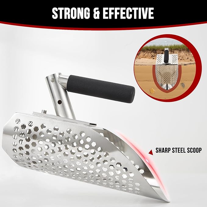 Sand Scoop for Metal Detecting, Stainless Steel Metal Detector Scoop, Metal Detecting Shovel with Long Fiberglass Handle, Metal Detector Accessories, Sand Sifter for The Beach, Sand Flea Rake