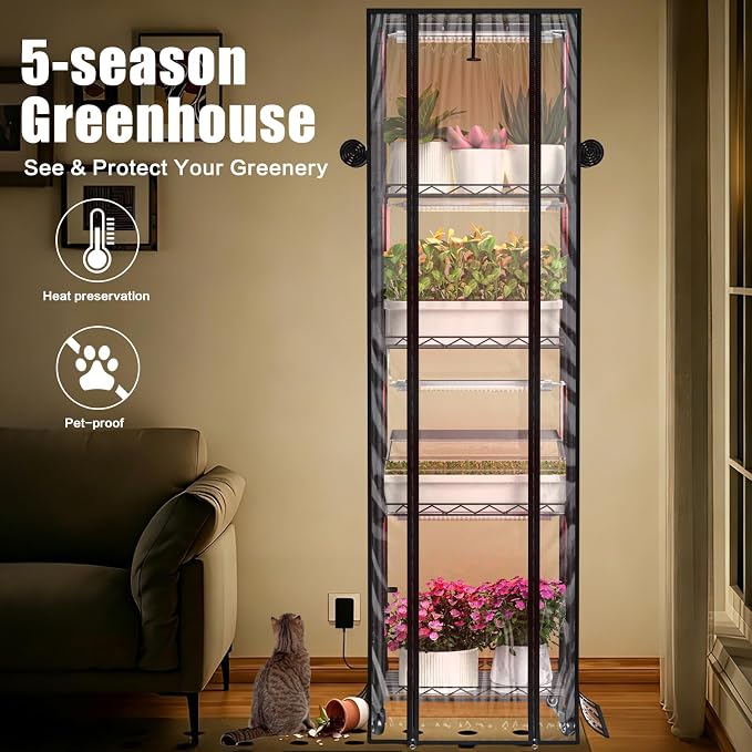 Indoor Greenhouse with Grow Lights, 5 Tier 15.7" L×11.8" W×62.3" H | with 40W Full Spectrum Growing Lamps For Seed Starting ，Grow Light Shelf with Tent，Portable with Wheels，