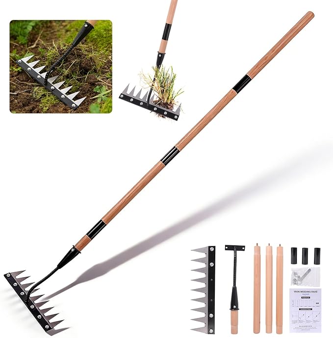 Gardenia Iron Weeding Rake with Handle 3.0, Heavy Duty Iron Rake for Gardening and Weeding, 2026 Upgraded 9-Tine Garden Weed Puller Tool, Garden Weed Rake Tool for Removing Weeds, Soil Aeration