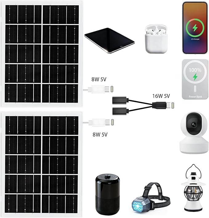5V 16W Solar Panel for Security Camera IP65 Waterproof USB Solar Panel Charger Type-C Port、Micro USB Port＆DC Port Solar Sanels for Cameras with 9.8ft Charging Cable (8W White 2pack)