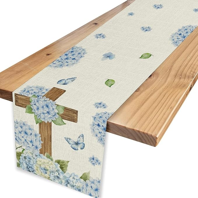 Spring Floral Table Runner, Country Blue Hydrangea Cross Watercolor Spring Summer Seasonal Flower Farmhouse Rustic Table Center Decor for Family Kitchen and Dining Party Table Decorations, 13"x90"