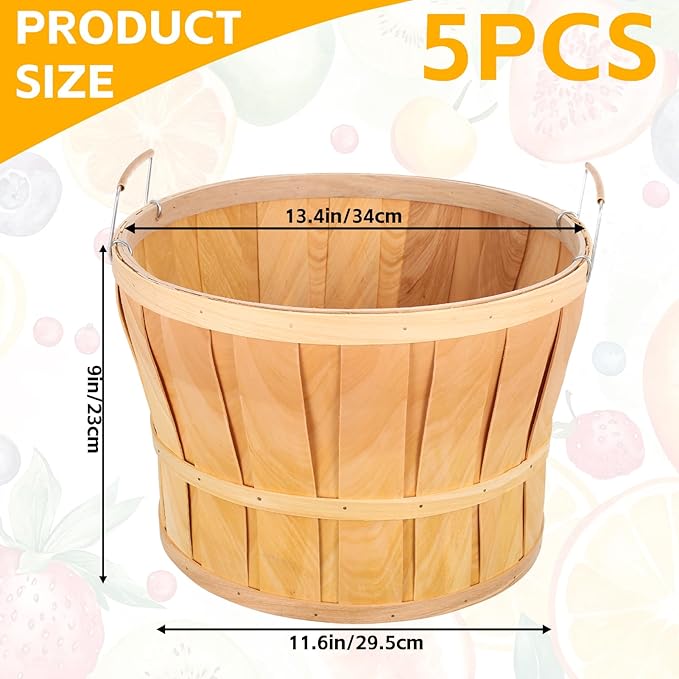 5 Pack Jumbo Half Bushel Baskets 14 x 9.5 Inch, Large Natural Wooden Harvest Apple Baskets with Handles for Harvest Fruit Plants, Farmers Market, Produce, and Home Storage Use