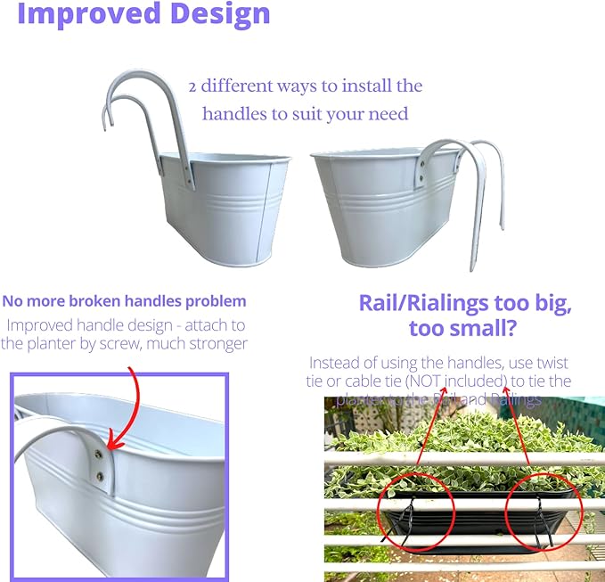 LaLaGreen Rail Planters for Outdoor (2 Pack, 11.2 Inch) White Metal Iron Hanging Flower Pots, Strawberry Planter Deck Railing Fence Bucket Wall Mount Window Box Plant Holder with Hooks Porch Decor