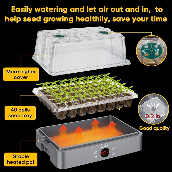 BlumWay Upgraded 40-Cell Seed Starter Tray with Grow Light, 4.3" Higher Lid Seed Starter Kit, Adjustable Seedling Heating Pot, Germination Trays with Humidity Dome, Indoor Plant Starter Kit