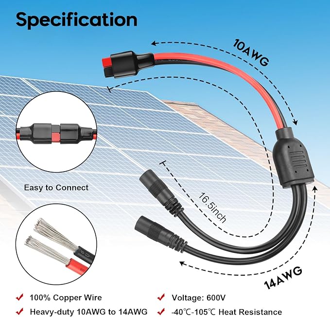 Anderson to DC 8mm Female Adapter Cable 1 to 2 High Power Port to DC8mm Splitter Solar Connector Adapter Y Parallel Cable Compatible with GZ Jackery Andersons Powerpole