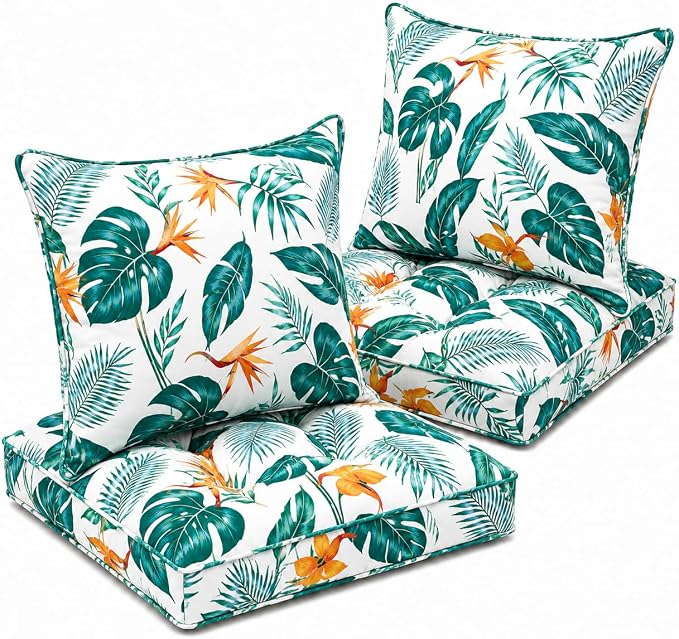 22x22 Waterproof Outdoor Chair Cushions Set of 2, Patio Cushions for Outdoor Furniture Water-Resistant & Fade-Resistant, Deep Seat & Back Cushion for Wicker Sofa (Yellow Leaf)
