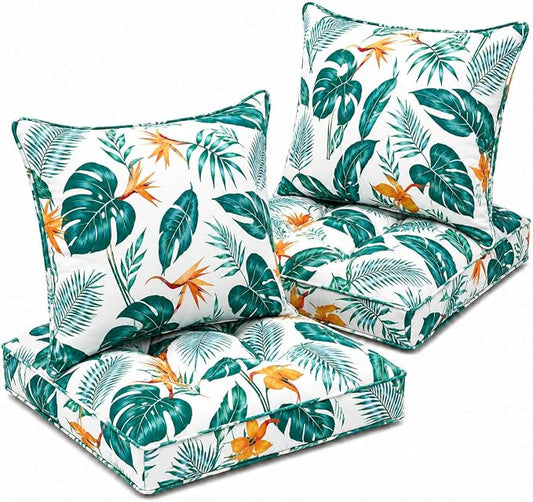 22x22 Waterproof Outdoor Chair Cushions Set of 2, Patio Cushions for Outdoor Furniture Water-Resistant & Fade-Resistant, Deep Seat & Back Cushion for Wicker Sofa (Yellow Leaf)