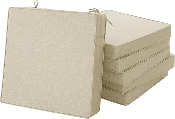 Outdoor Chair Cushions, Water-Resistant & Fade-Resistant, Patio Furniture Seat Replacement Chair Pads with Ties Zipper, Removable Cover, Non-Slip Bottom, Set of 6, 18.5 x 16 Inch, Beige
