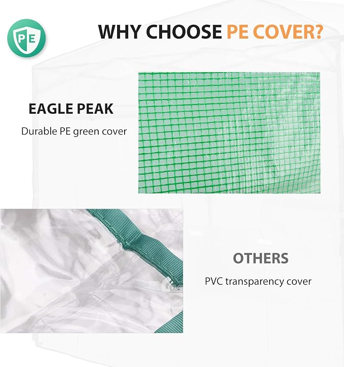 EAGLE PEAK Replacement Cover for 8x6 Portable Walk-in Pop up Greenhouse, Front and Rear Roll-Up Zipper Entry Doors and 2 Large Roll-Up Side Windows (Frame Not Included), Green