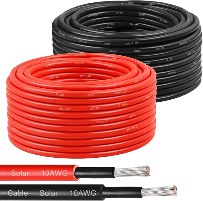 Solar Panel Wire 10 AWG(6mm²) - Solar Extension Cable 50Ft Black & 50Ft Red 10 Gauge Tinned Copper PV Wire for Outdoor Automotive RV Solar Panel Boat Marine (Black+Red)