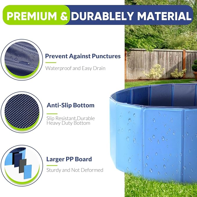 Dog Pool, Foldable Pet Swimming Pool with 6mm High-Strength PP Board, Hard Plastic Collapsible Doggy Pools for Small Dogs Kitty Duck, Non-Slip Doggie Bathtub Quick to Set Up and Drainage Hole, 63.2"
