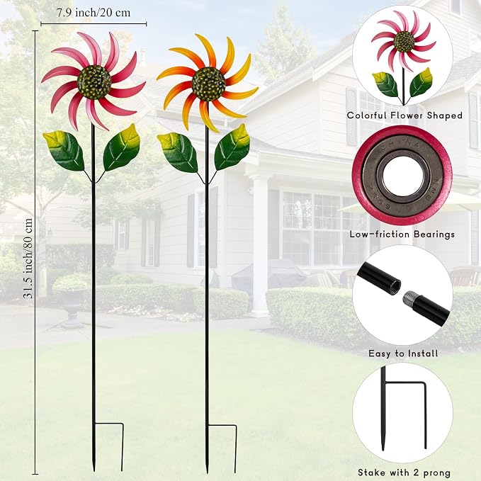 2 Pack Flower Wind Spinners Outdoor, Colorful Wind Sculptures & Spinners with Stake, Metal Windmill for Yard Patio Lawn Garden Decor, 31 x 8 Inches