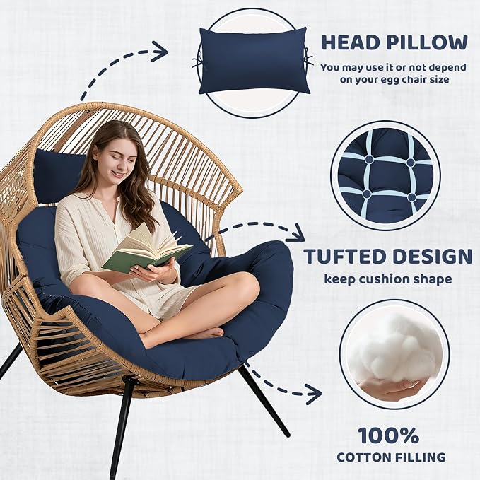 Waterproof Egg Chair Cushion Replacement, 47x33x7 Inches Thicken Outdoor Hanging Chair Cushion with Headrest Pillow, Cushions for Egg Chairs, Blue