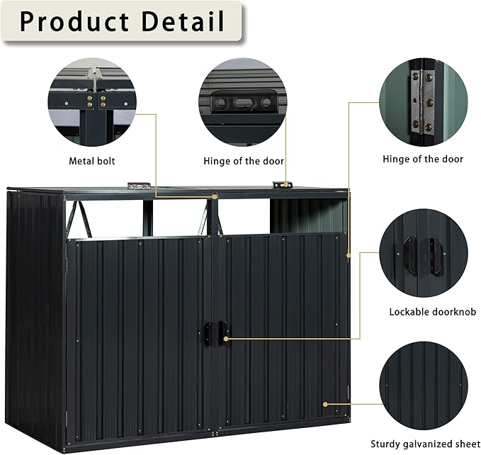 YOPTO Garbage Bin Storage Shed for 2 Trash Cans,Outdoor Trash Can Storage for Patio,Stainless Galvanized Steel Bin Shed,Rust-Proof & Scratch-Resistant Trash Can Hider,for Garden,Yard,Lawn,Black