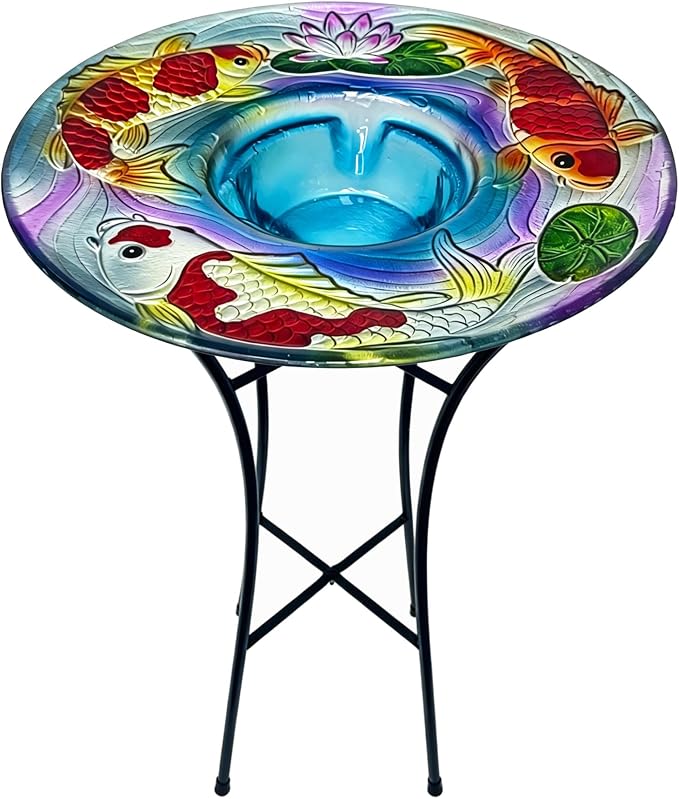 Bird Bath with Stand for Outside, Fits Solar Fountain Pump, Glass Birdbath Bowl for Garden Yard, Koi Design, Decorative Indoor Outdoor, Easy Clean, 21" H