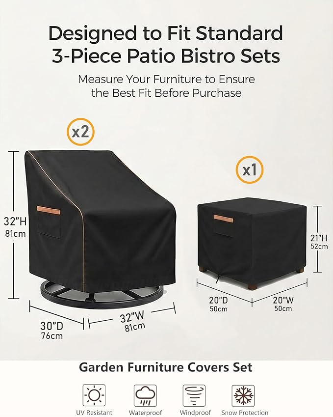 3-Piece Patio Furniture Cover Set for Bistro Sets, Waterproof Outdoor Furniture Covers for 2 Chairs & Coffee Table, Heavy Duty 600D, UV Resistant, All-Season Protection for Patio, Porch & Backyard