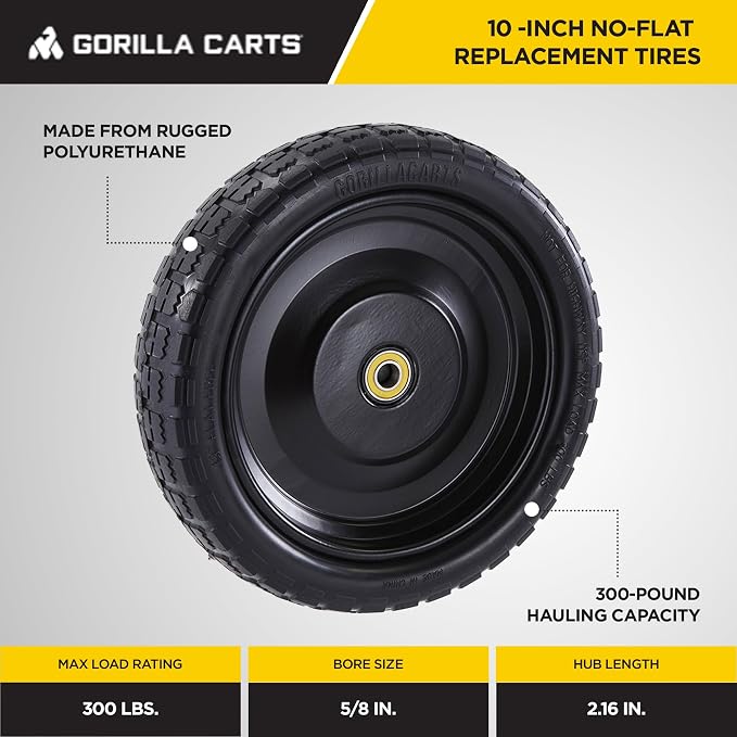 Gorilla Carts 4- Pack 10 Inch No-Flat Replacement Wheels, Heavy Duty Solid Tire - Airless Polyurethane Tires w/ 2.16” Hub, 5/8” Bore for Lawn & Garden Utility Cart and Hand Truck