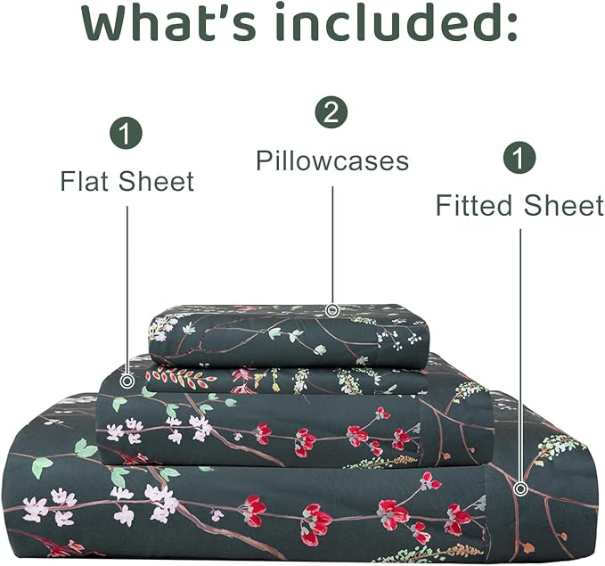 QSH Floral Egyptian Cotton Sheets Queen Size - Elegant Navy Botanical Pattern Printed Bedding Sheets Queen Size Bed Extra Soft and Breathable 4pcs Deep Pockets Bed Sheets